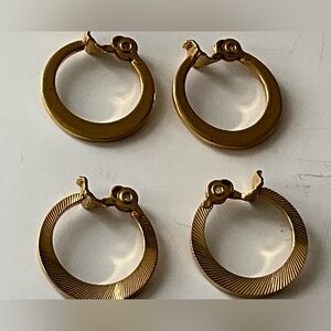 Vintage 1970’s Monet Earrings Set Of 2 Gold Tone Hoops Texture Clip On